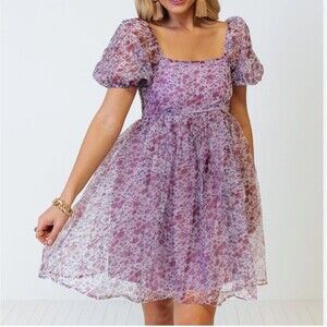 Floral Chiffon Puff Sleeve Dress Cottagecore Fairycore Boho Romamtic Feminine M